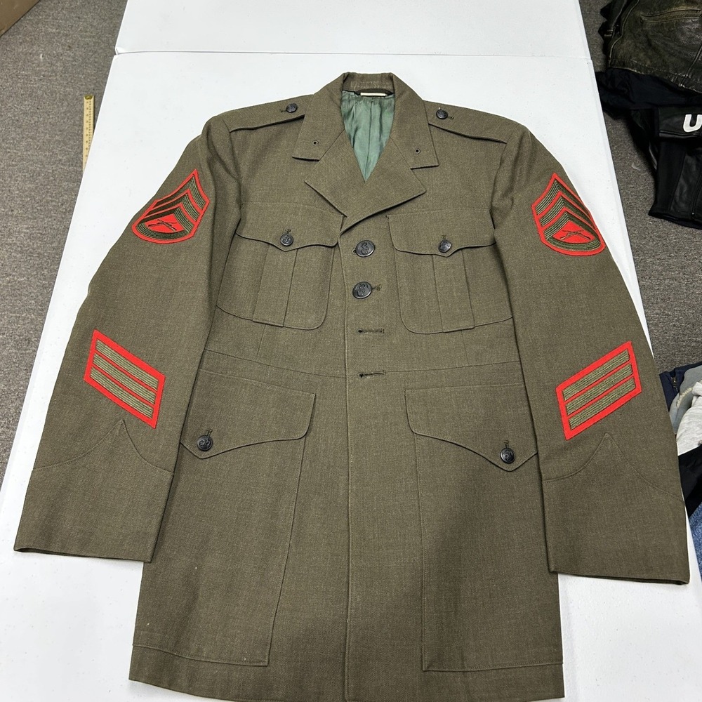 USMC Military Service Jacket Mens 38 Olive Green Wool Rank Patches Dress Coat